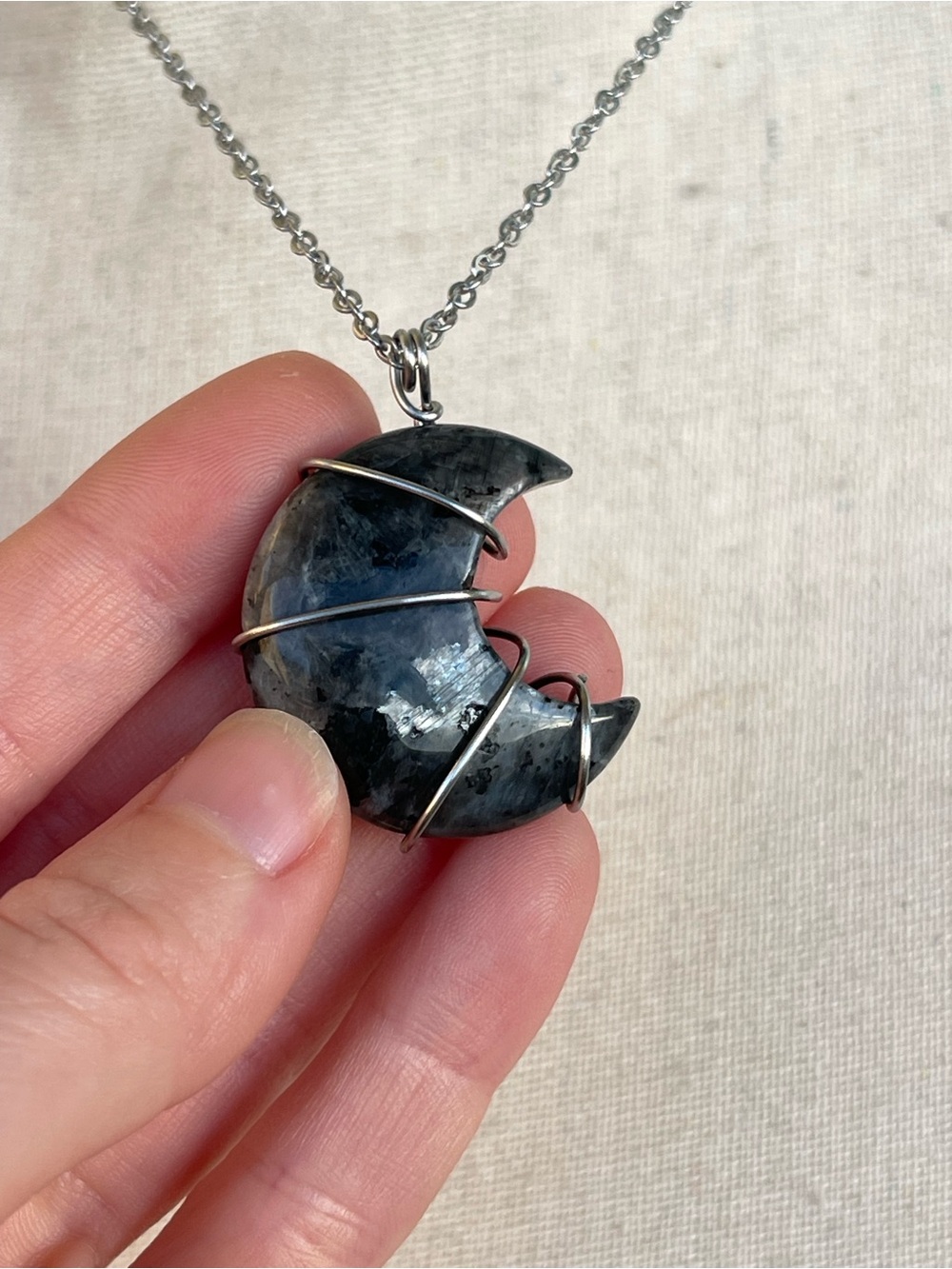 Larvikite Moon Carving Pendant Necklace Silver Flash Stainless Steel Hardware